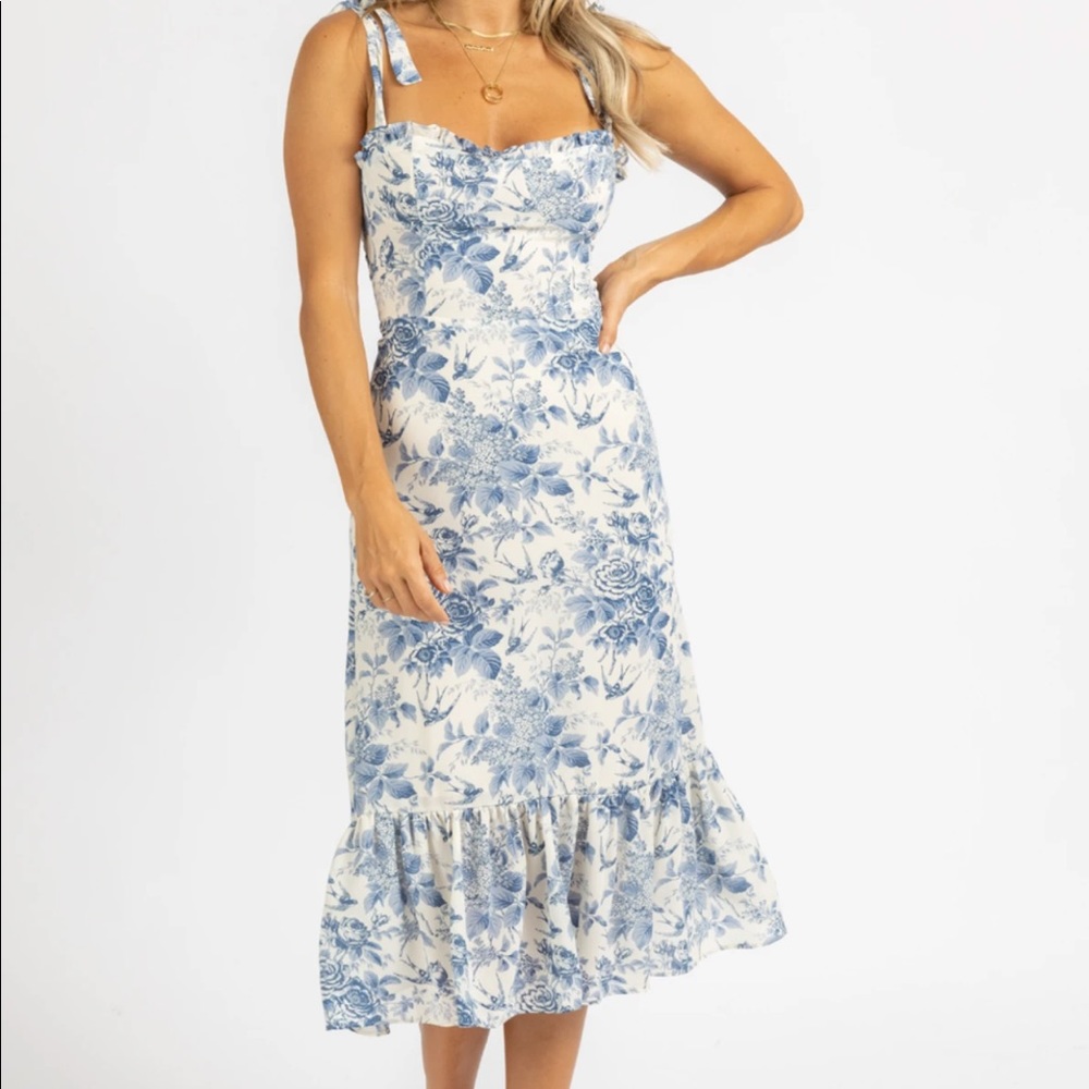 Brand new never worn blue toile tie strap midi dress